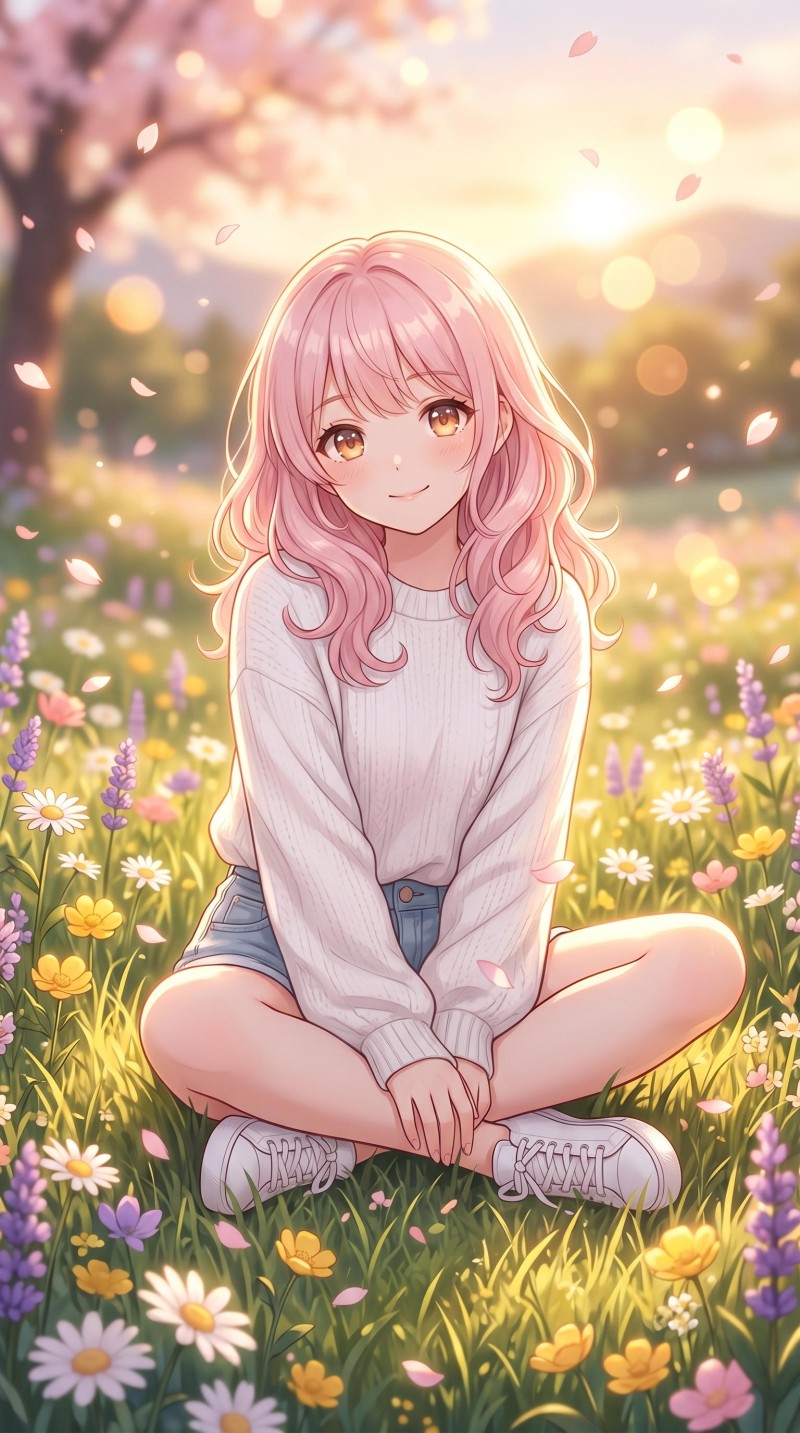 Pastel Anime Girl in a Field of Flowers Wallpaper 4K X Wallpaper