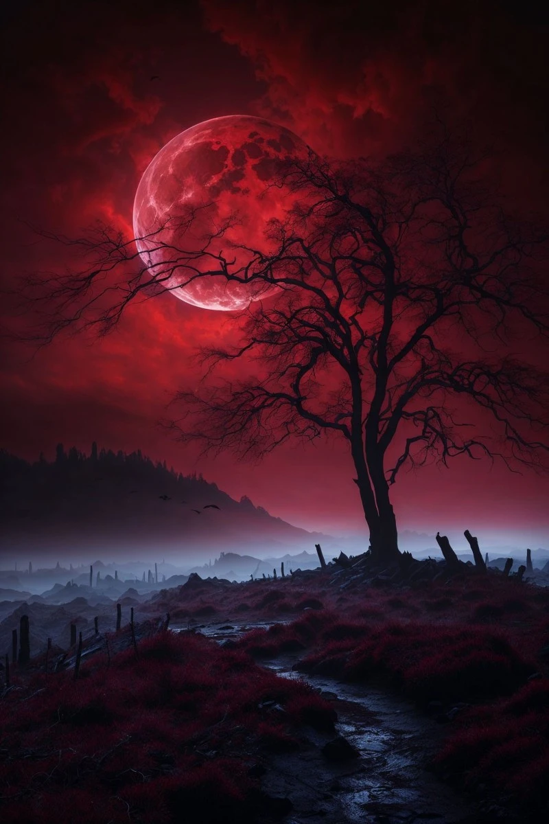 AI-Generated Landscape: Red Moon over Dark Landscape 4K Mobile Wallpaper