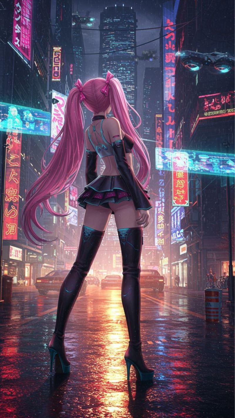 Pink-Haired Anime Girl in Cyberpunk City Night 4K Sci fi Wallpaper