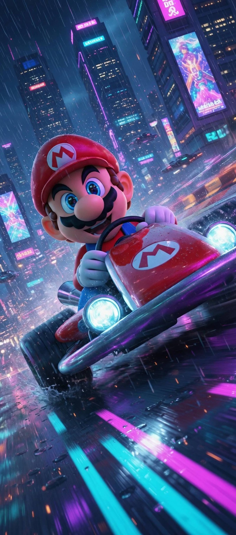 Mario Kart Cyberpunk City Rain Race Wallpaper 4K Rain Wallpaper
