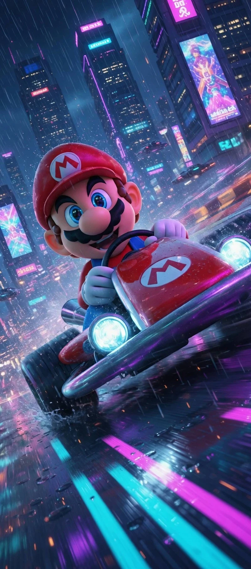 Mario Kart Cyberpunk City Rain Race Wallpaper 4K Mobile Wallpaper