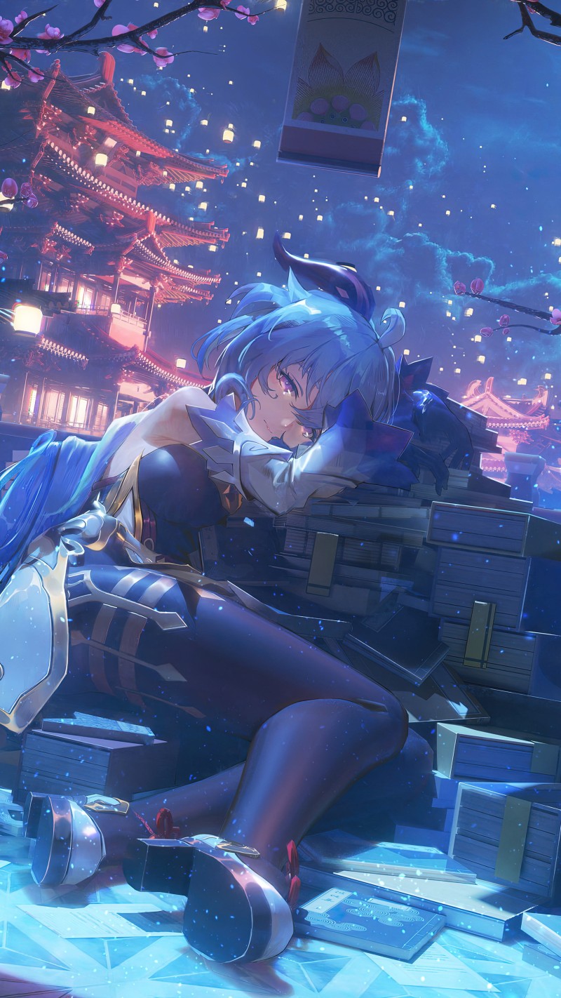 Serene Blue Anime Girl Nighttime Cityscape Wallpaper for Phone 4K Mobile Wallpaper