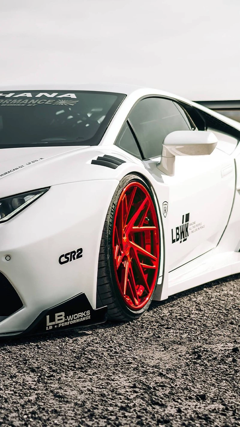 White Lamborghini Huracán with Red Rims 4K Mobile Wallpaper
