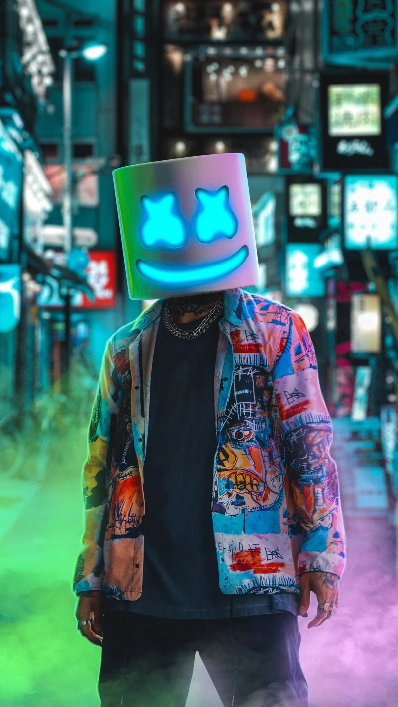 Marshmello in Neon City 4K Mobile Wallpaper