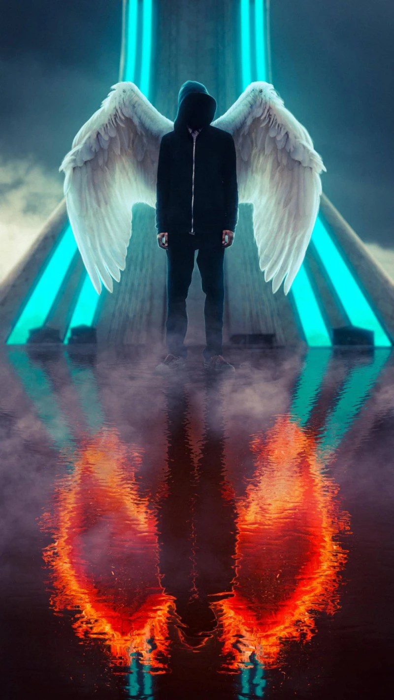 Angel with fiery reflection 4K Mobile Wallpaper