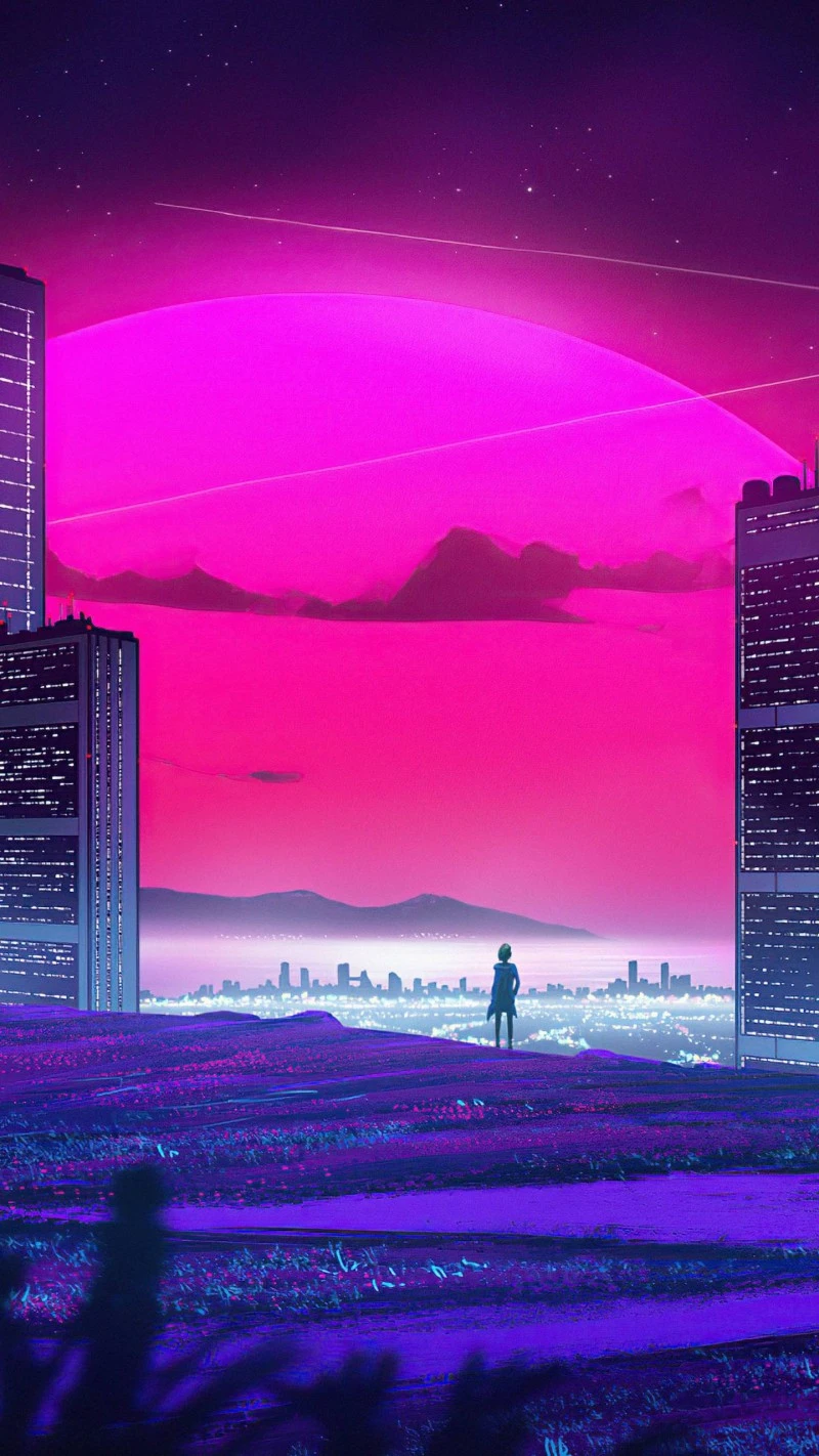 Retrofuturistic Cityscape with Pink Planet 4K Mobile Wallpaper
