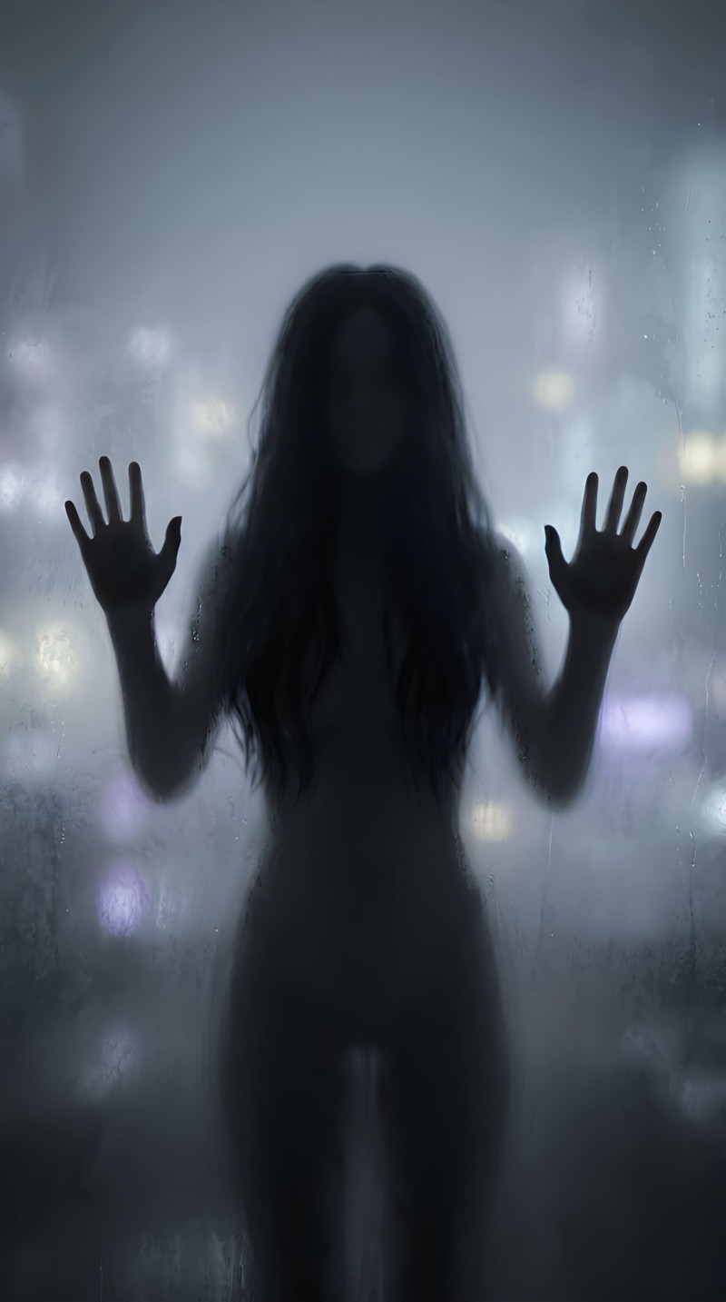 Dark Silhouette Woman Behind Glass at Night Moody Portrait Style 4K Lights Wallpaper