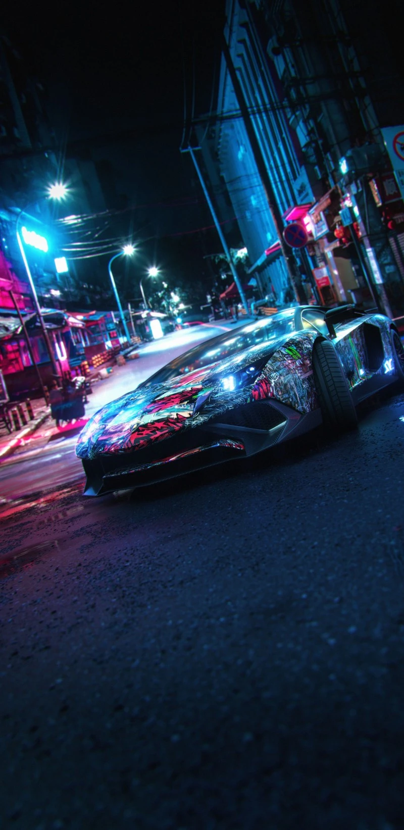 Graffiti Lamborghini Aventador at Night 4K Mobile Wallpaper