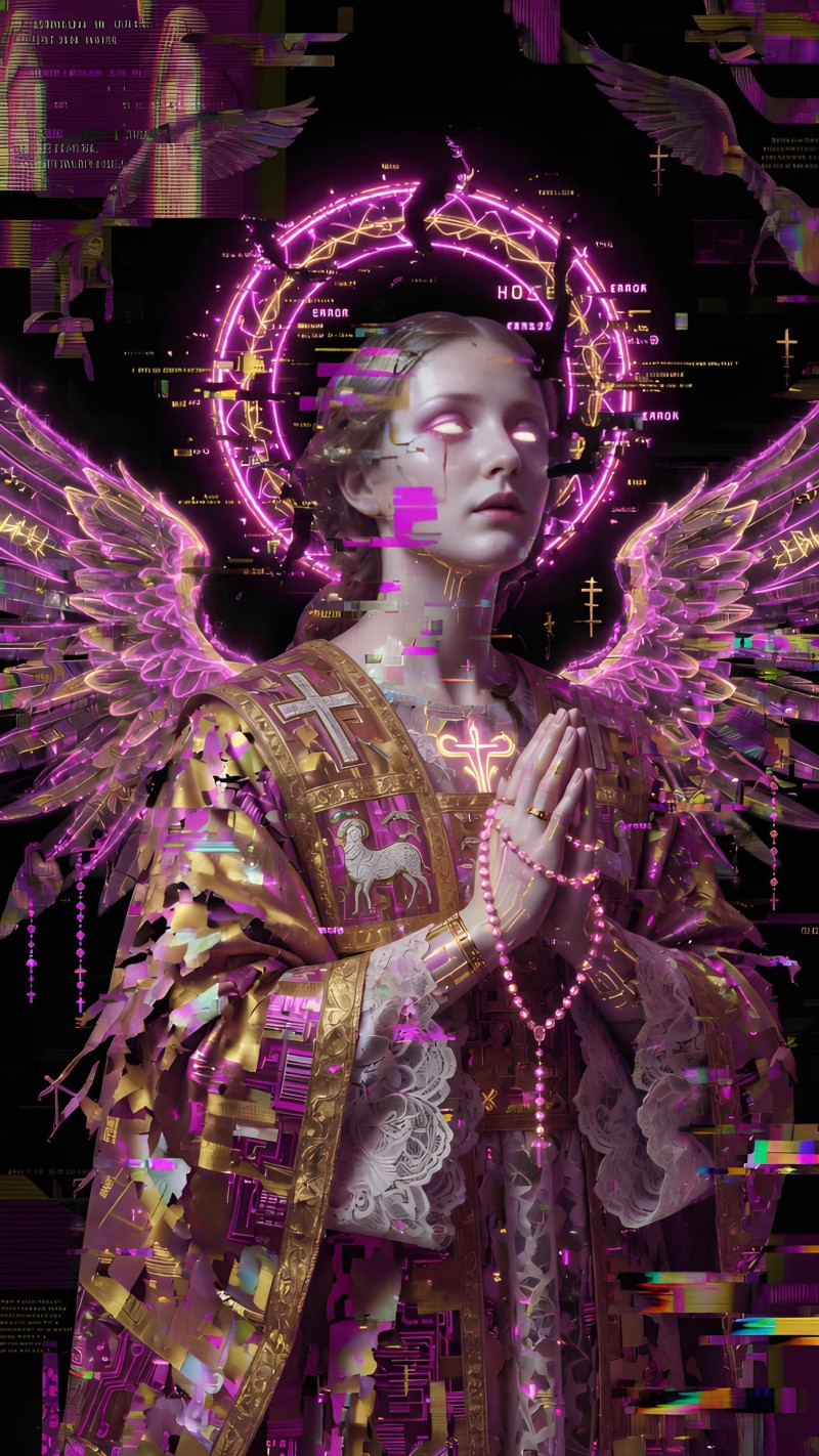 Glowing Neon Angel Statue Cyberpunk Wallpaper for Phone 4K Wing Wallpaper
