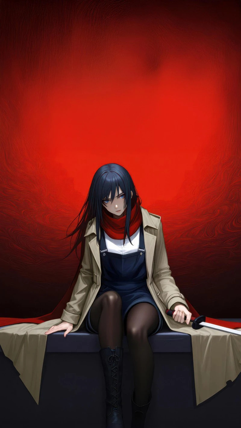 Girl in Red Background with Sword 4K Mobile Wallpaper