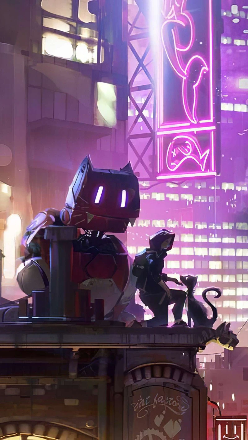 Neon Cityscape with Robot 4K Mobile Wallpaper