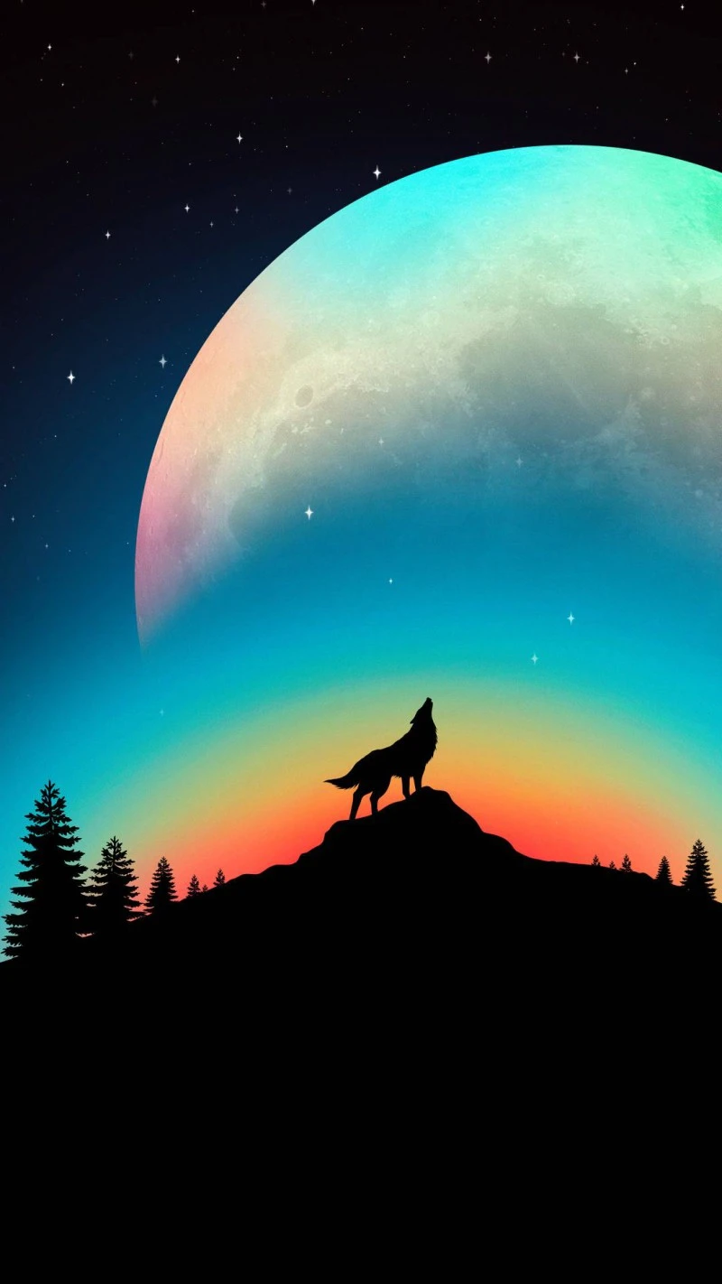 Wolf Howling at a Rainbow Moon 4K Mobile Wallpaper