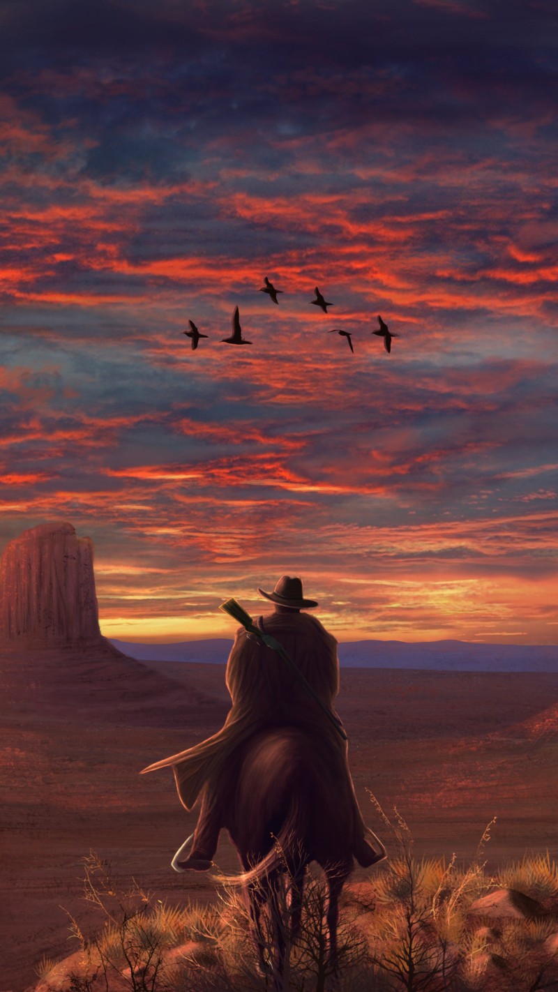 Vibrant Orange Sunset Western Landscape Digital Art Wallpaper 4K Mobile Wallpaper
