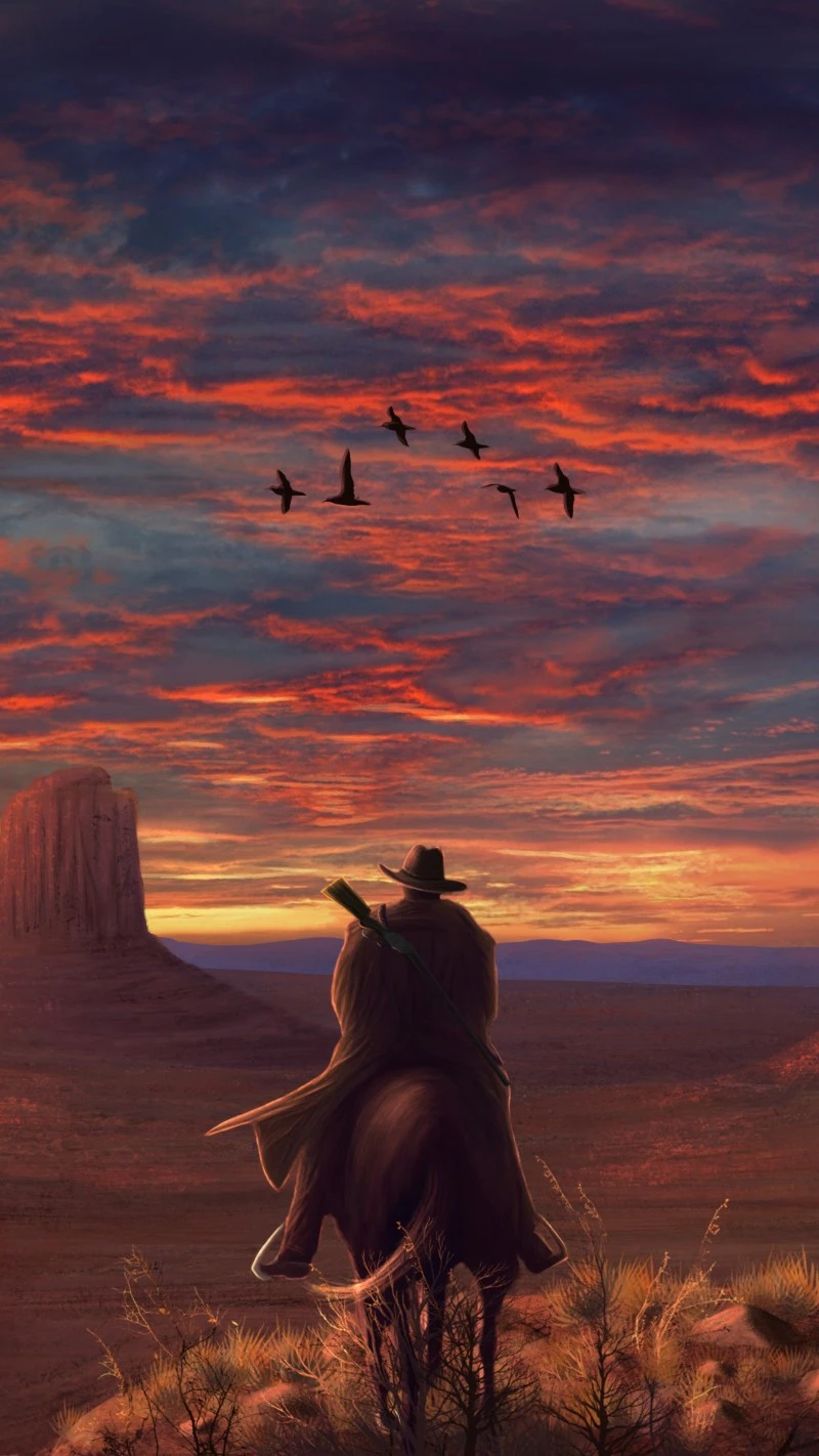Vibrant Orange Sunset Western Landscape Digital Art Wallpaper 4K Red dead Wallpaper