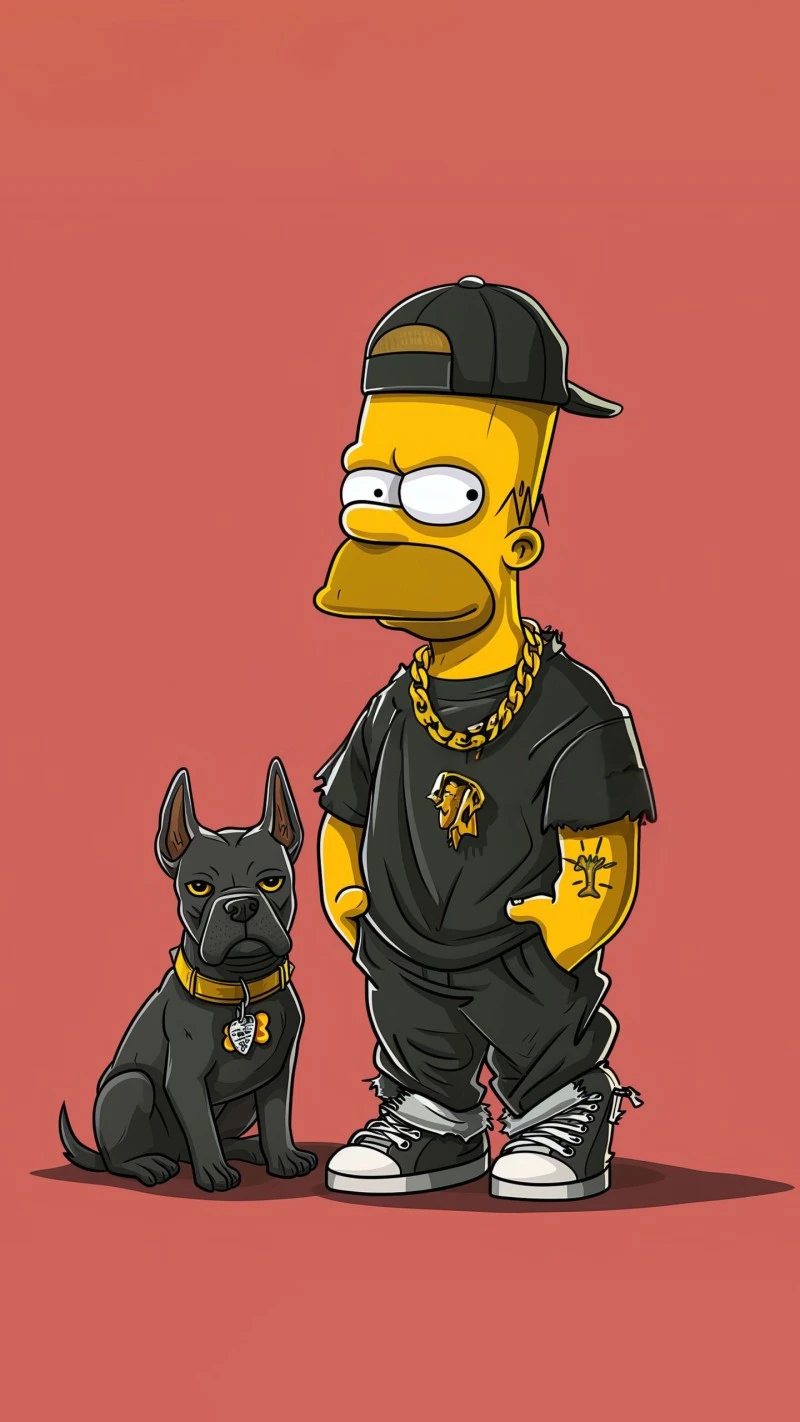 AI-Generated Simpsons Gangster with Dog 4K Mobile Wallpaper
