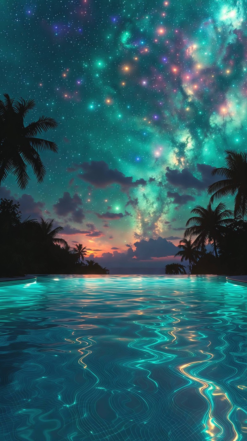 Vibrant Galaxy Shines Over a Glowing Aqua Pool 4K Trees Wallpaper
