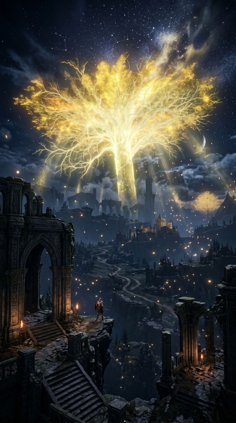 Dark Epic Fantasy Landscape of Ruined City Under Starry Night Sky 4K Mobile Wallpaper