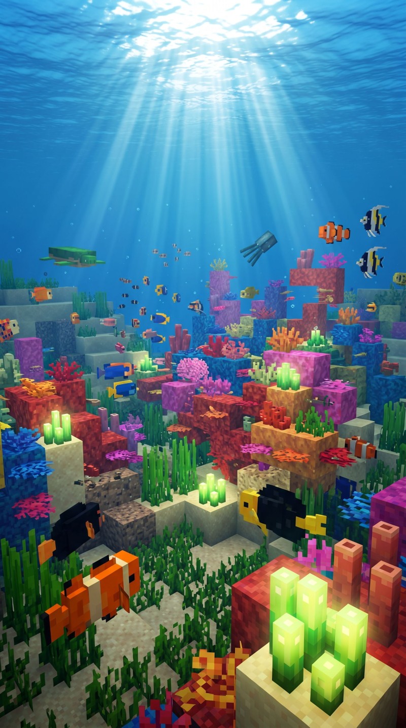 Vibrant Colorful Minecraft Underwater Scene with Fish and Blocks Wallpaper 4K Mobile Wallpaper