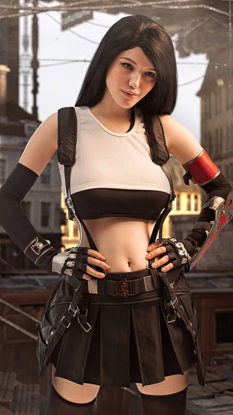 Tifa Lockhart Cosplay in Urban Setting 4K Mobile Wallpaper
