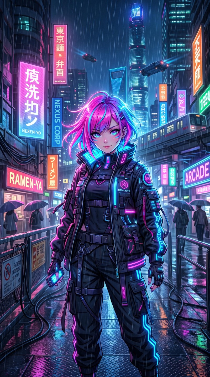 Vibrant Pink Futuristic Anime Girl with Neon Lights Cityscape Wallpaper 4K Ink Wallpaper