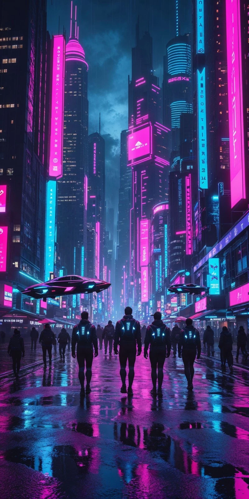 AI Cyberpunk Cityscape: Rain-slicked Streets 4K Mobile Wallpaper