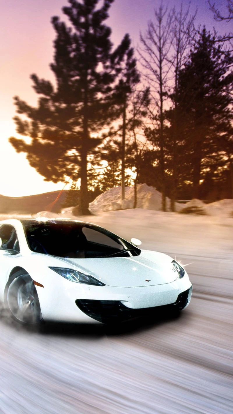 White McLaren 12C in Winter Wonderland 4K Mobile Wallpaper