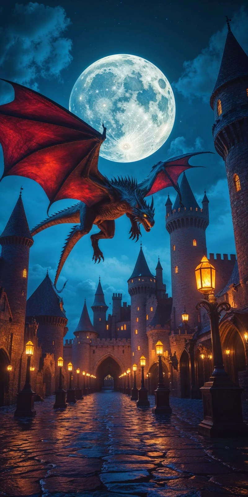AI-Generated Fantasy: Dragon Soaring Over Medieval Castle 4K Mobile Wallpaper