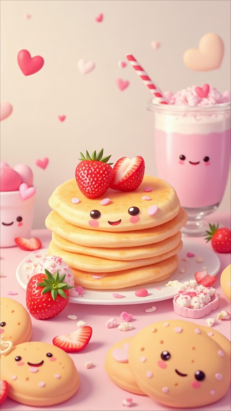 Delicious Kawaii Pancake Wallpaper with Strawberries and Pink Drinks 4K Ink Wallpaper