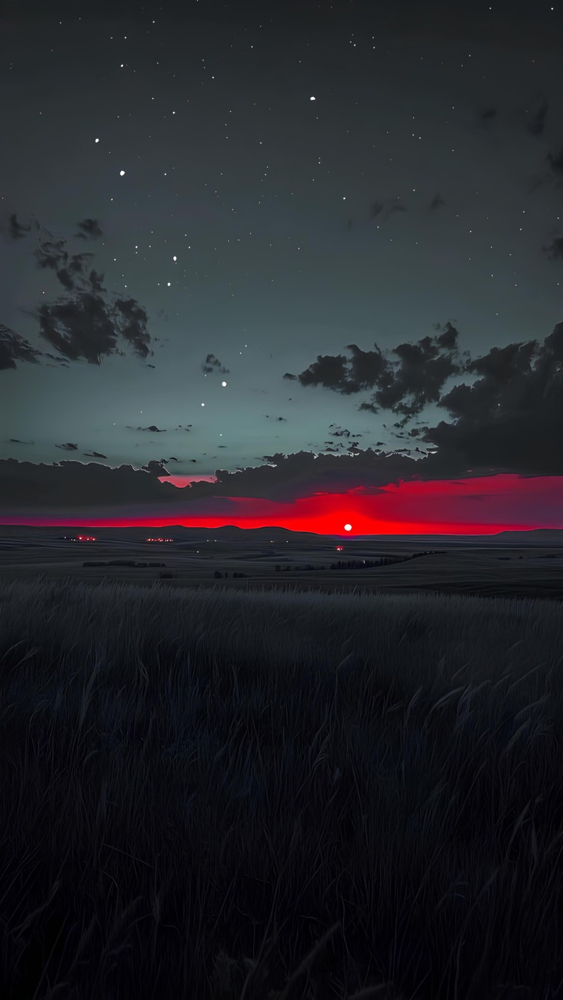 Red Sunset Over Dark Starry Field Night 4K Field Wallpaper