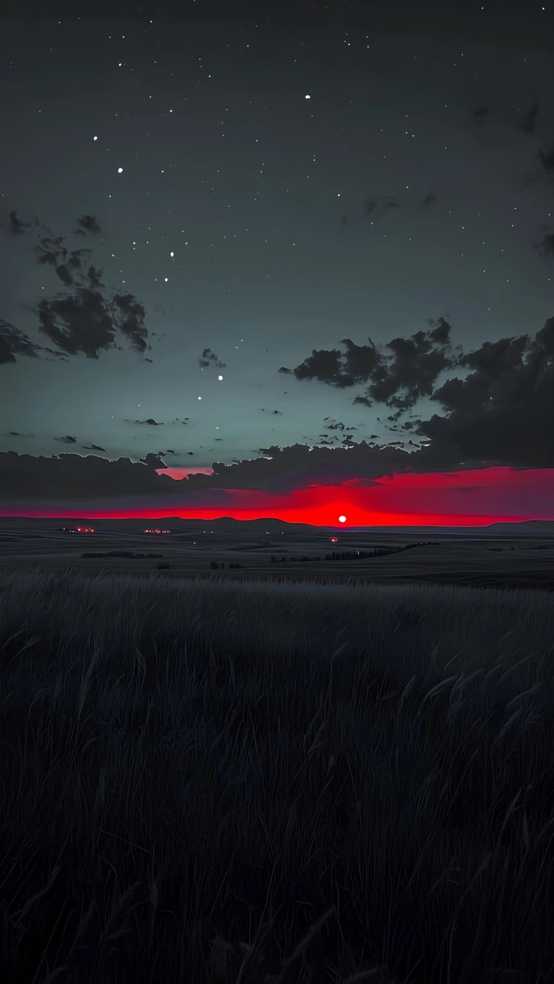 Red Sunset Over Dark Starry Field Night 4K Mobile Wallpaper