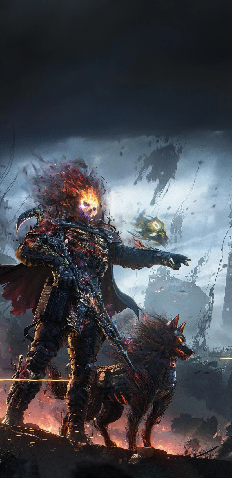 Fiery Skull Soldier and Cybernetic Wolf 4K Mobile Wallpaper