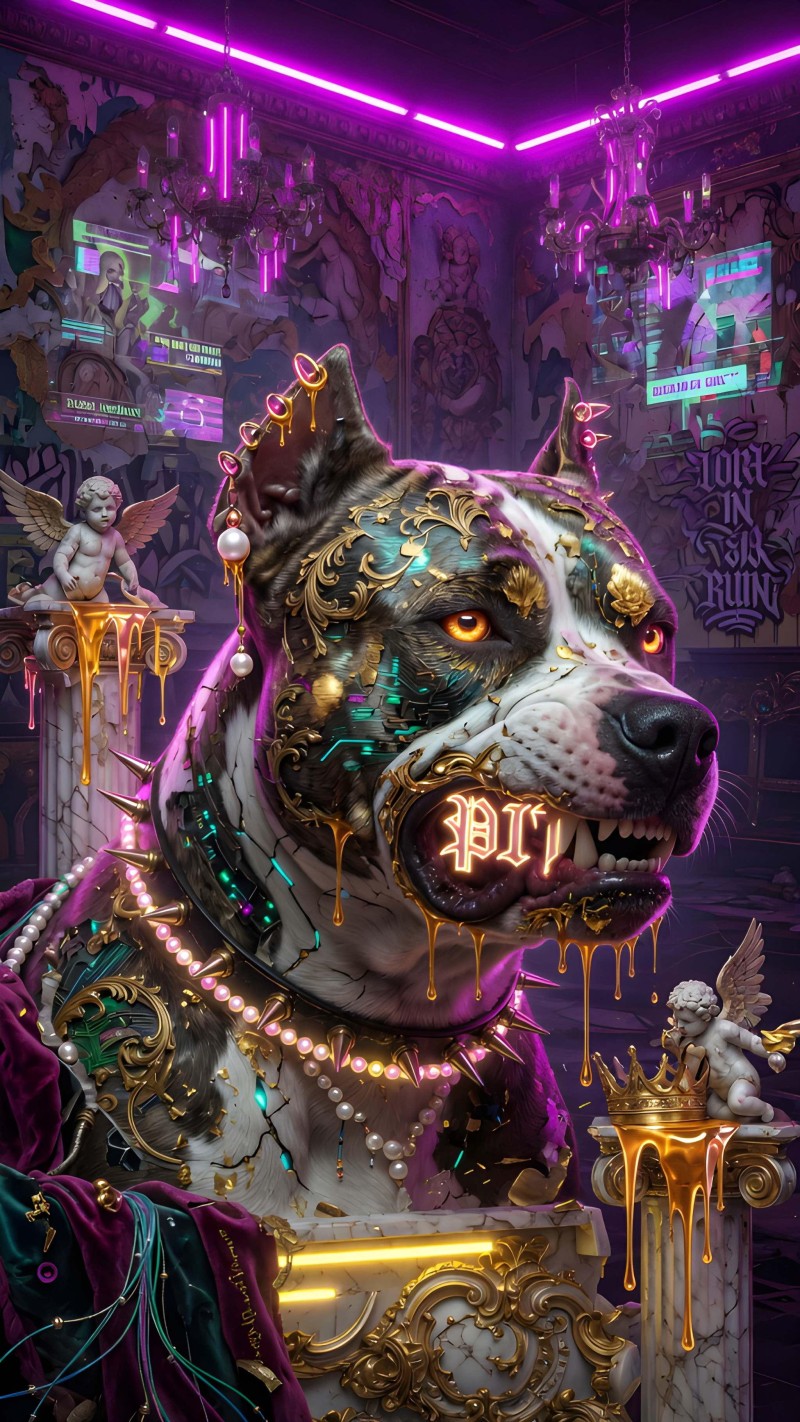 Vibrant Gold Pitbull Portrait with Neon Lights and Ornate Decor 4K X Wallpaper