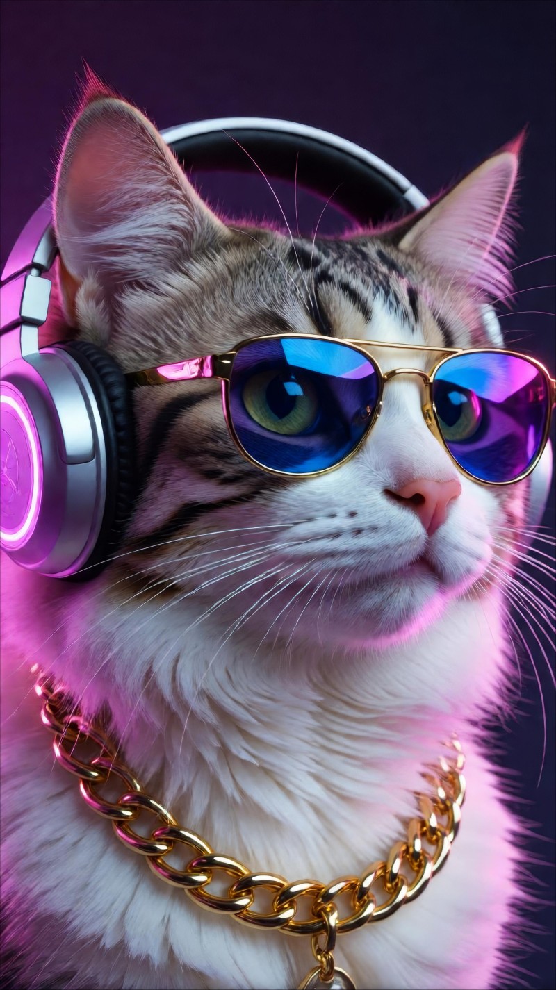 Vibrant White Cat Wearing Accessories Neon Style Portrait Wallpaper 4K Cat Wallpaper