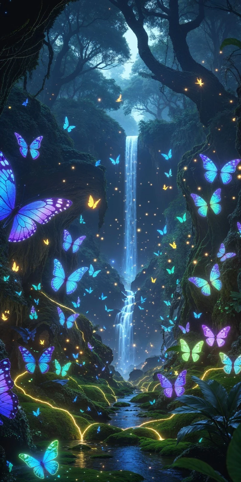Magical Waterfall with Butterflies 4K Mobile Wallpaper