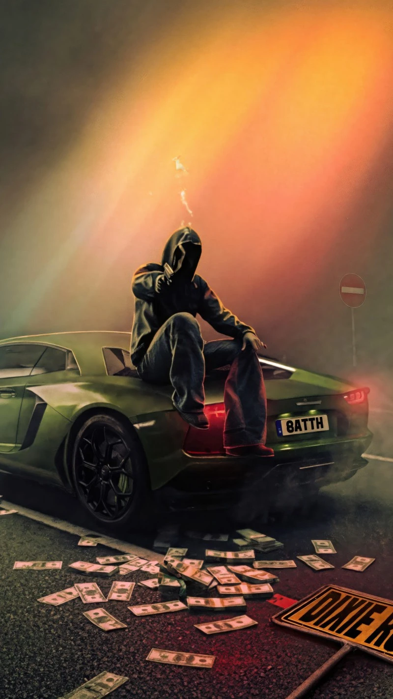 Man sitting on a sports car with money 4K Mobile Wallpaper