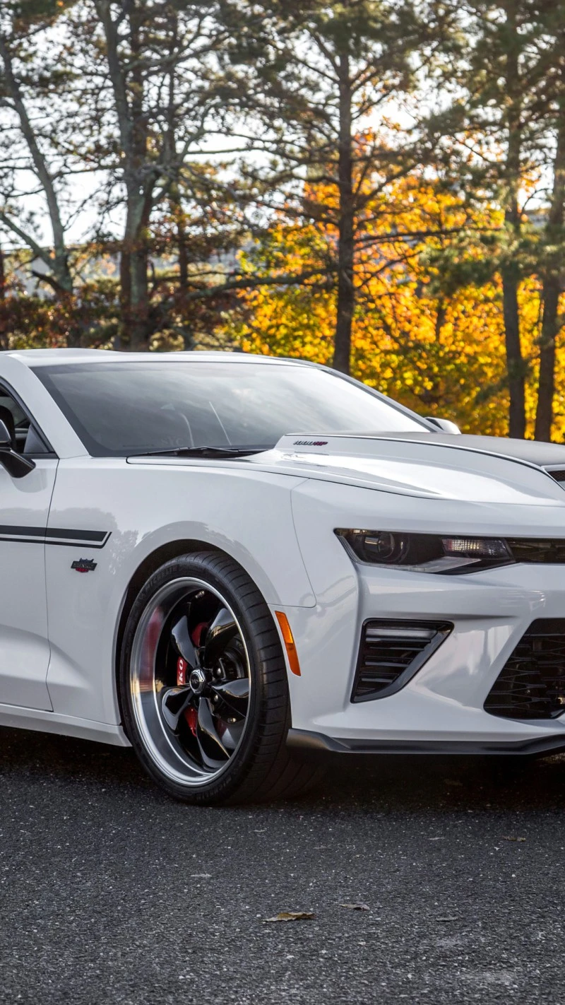 White Camaro in Autumn Setting 4K Mobile Wallpaper