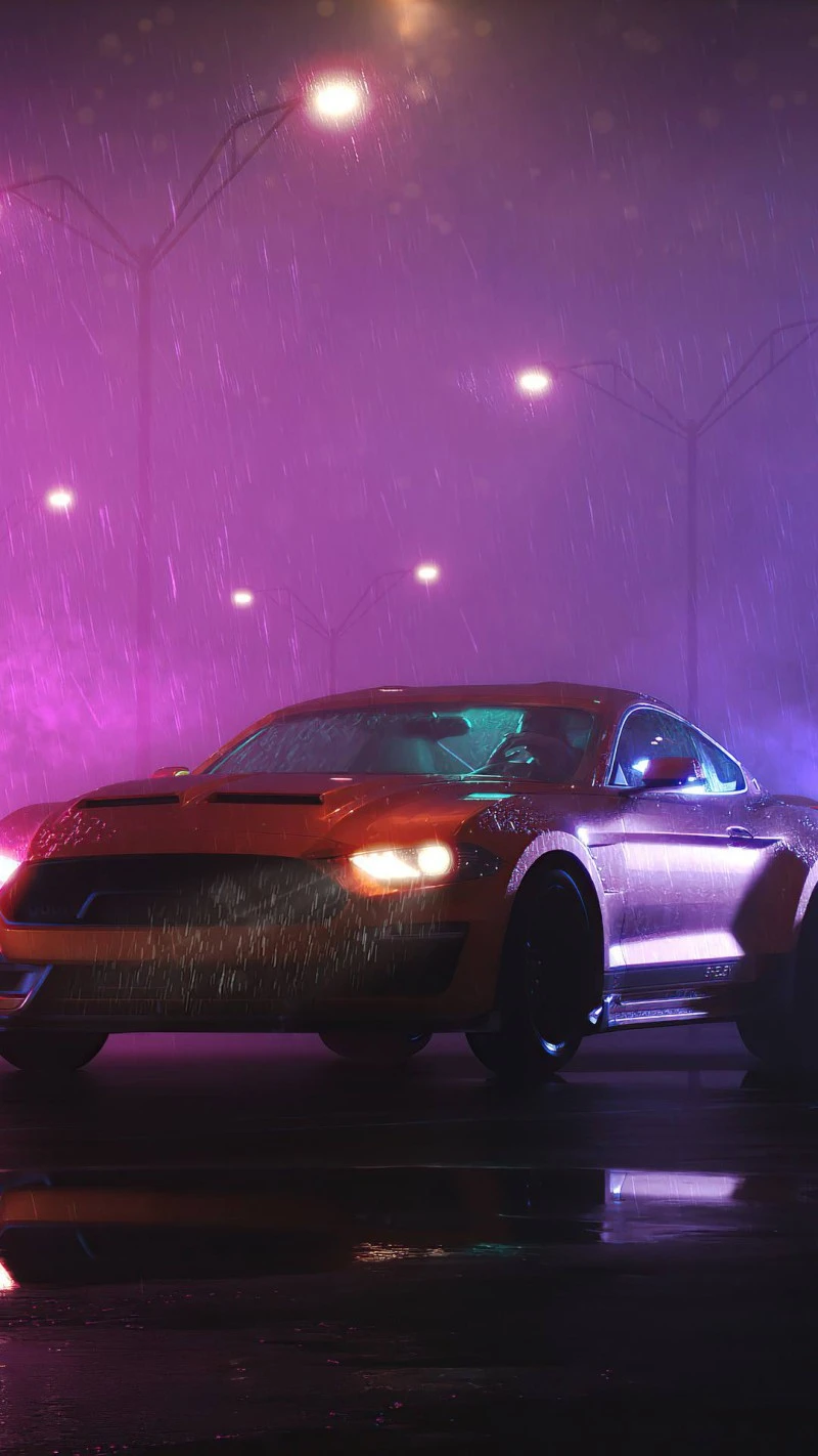Ford Mustang Under Purple Rain 4K Mobile Wallpaper