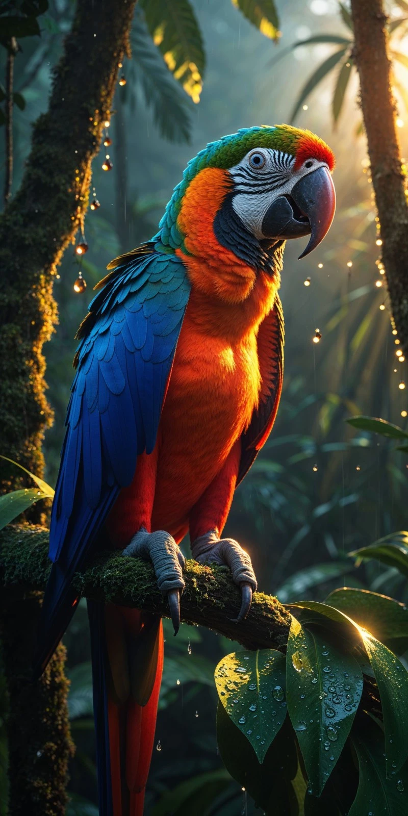 AI-Generated Macaw in the Rain 4K Mobile Wallpaper