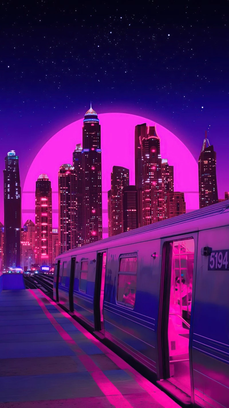 Retro Futuristic Cityscape with Train 4K Mobile Wallpaper