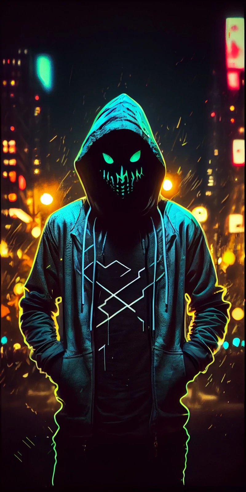 Neon City Anonymous 4K Mobile Wallpaper
