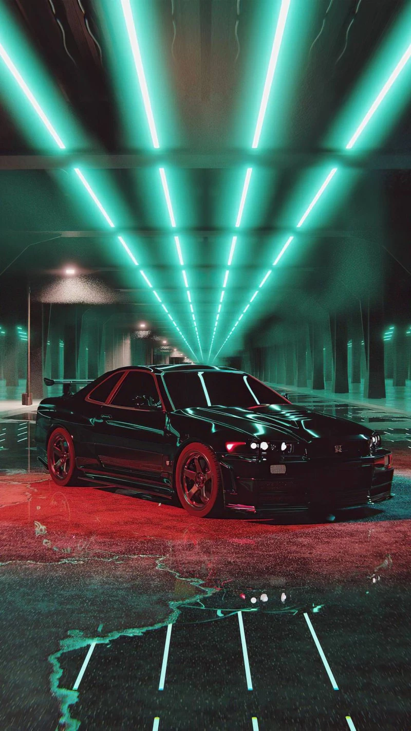 Nissan Skyline R34 in Neon Garage 4K Mobile Wallpaper