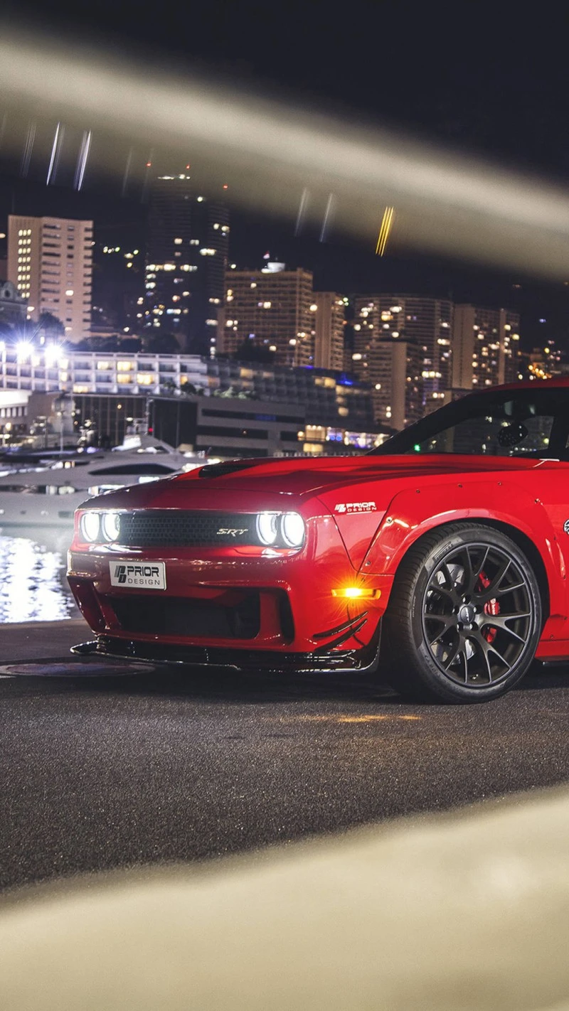 Red Dodge Challenger SRT Hellcat Widebody at Night 4K Mobile Wallpaper