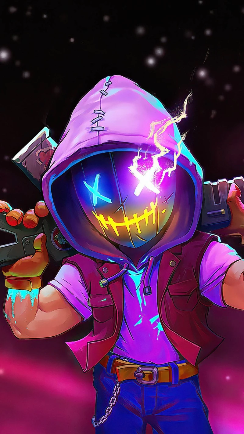 Neon Hooded Figure with Weapon 4K Mobile Wallpaper