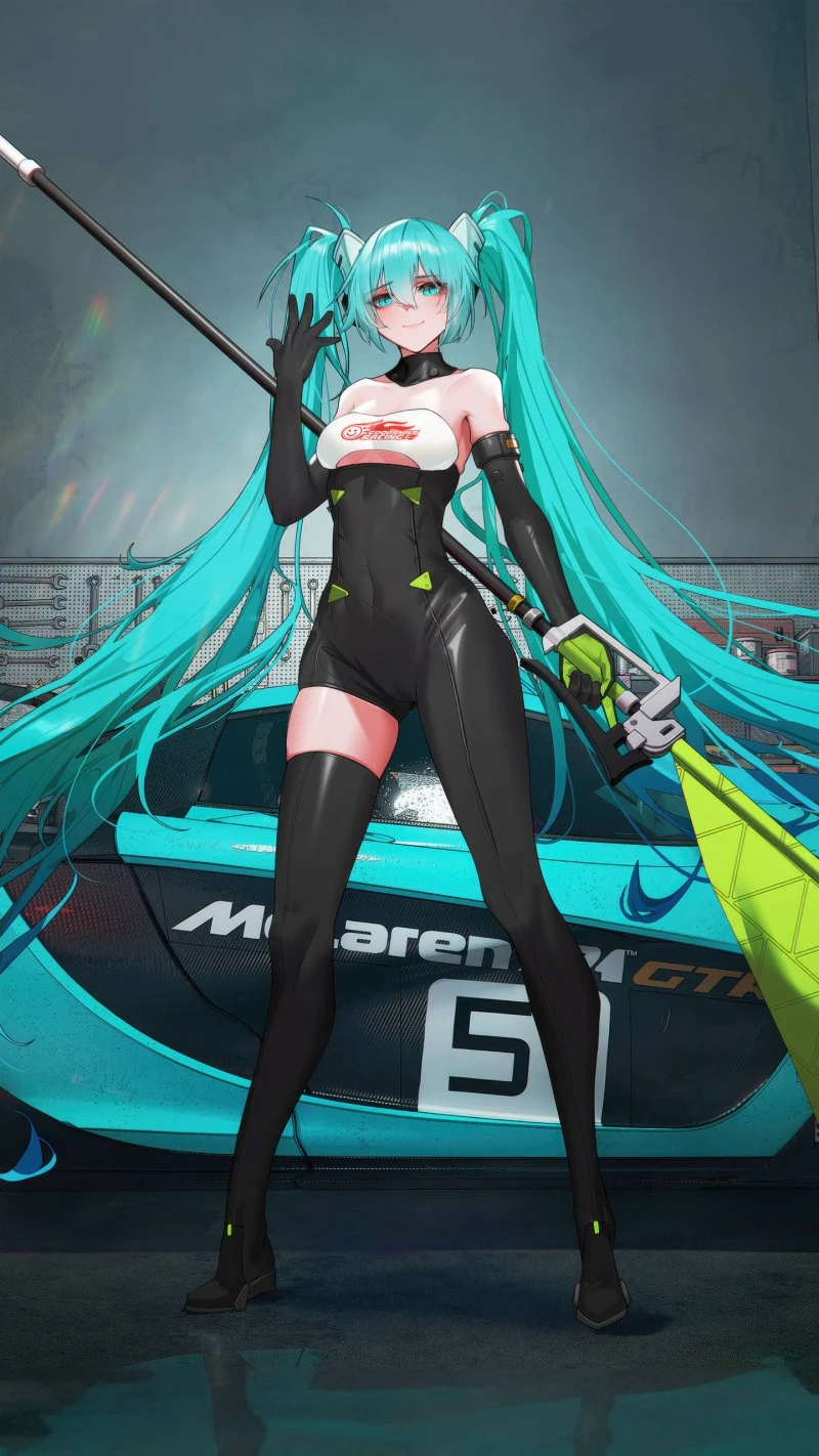 Hatsune Miku as a Race Car Mechanic 4K Mobile Wallpaper