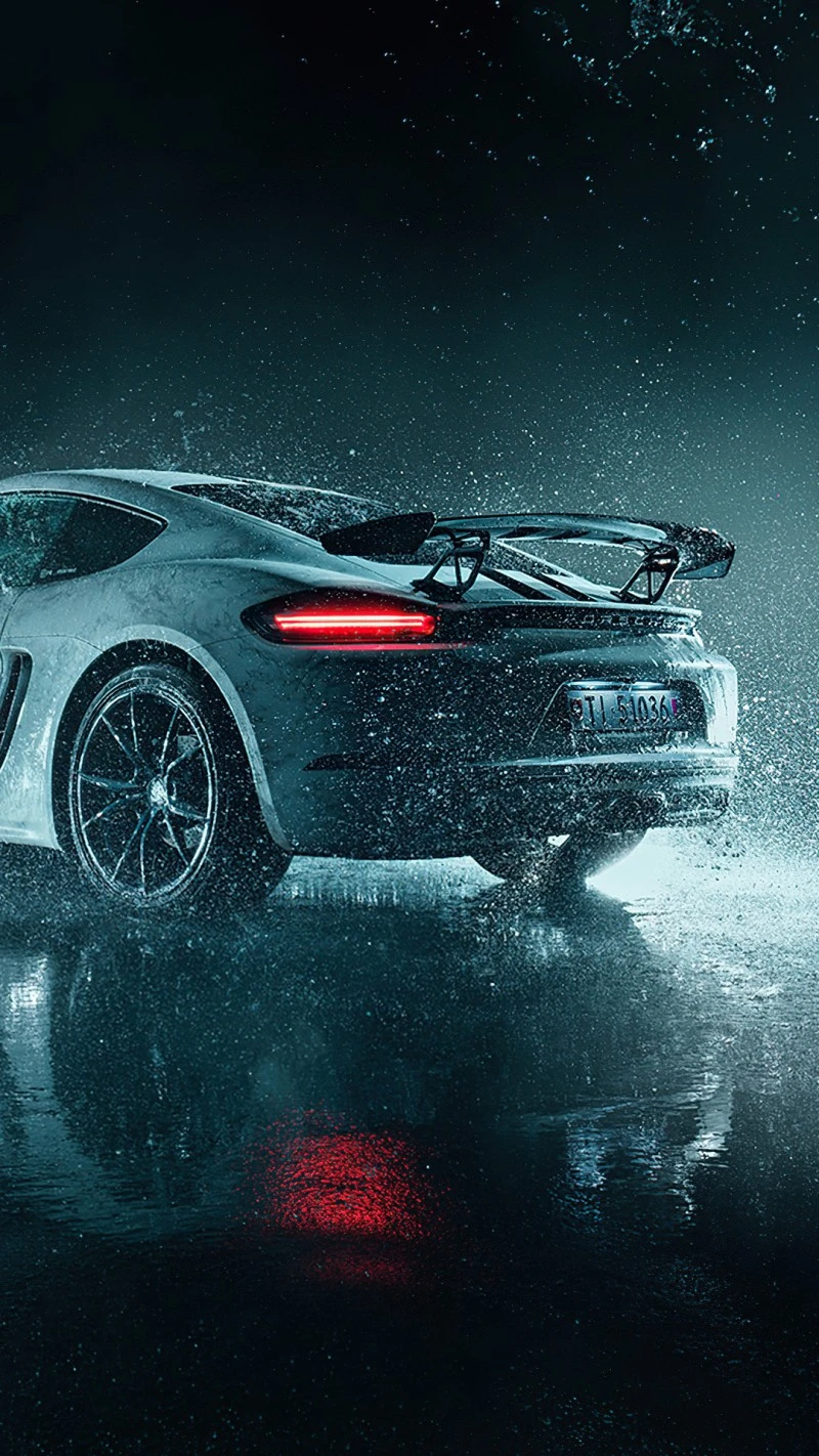 Porsche 718 Cayman GT4 in the Rain 4K Mobile Wallpaper