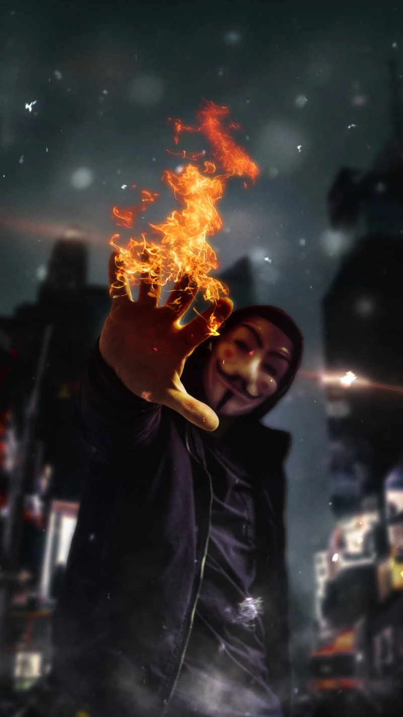 Anonymous Hacker with Burning Hand 4K Mobile Wallpaper