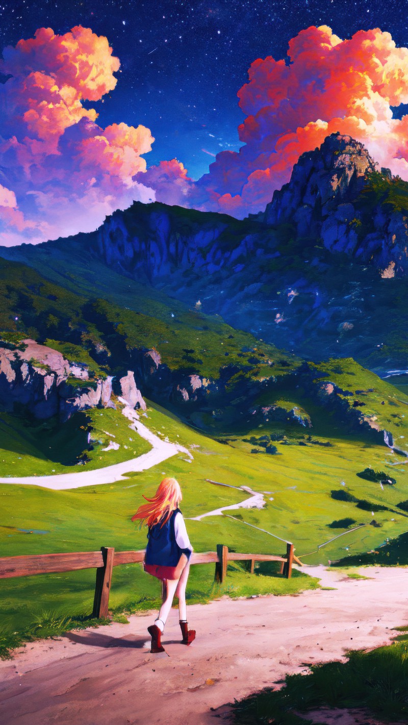 4K mobile wallpaper Girl walking on a mountain road - high resolution for Android and iPhone