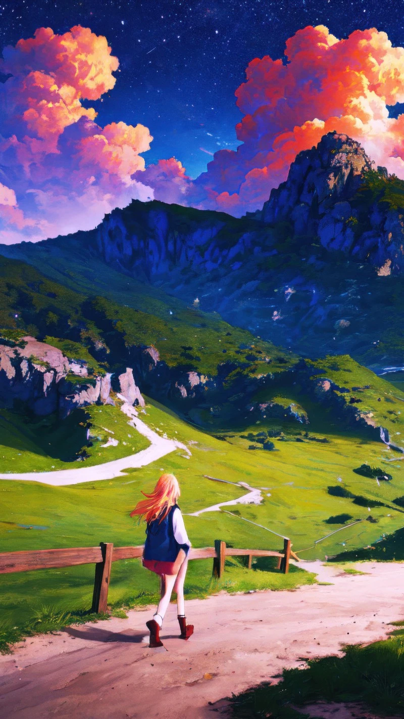 Girl walking on a mountain road 4K Mobile Wallpaper