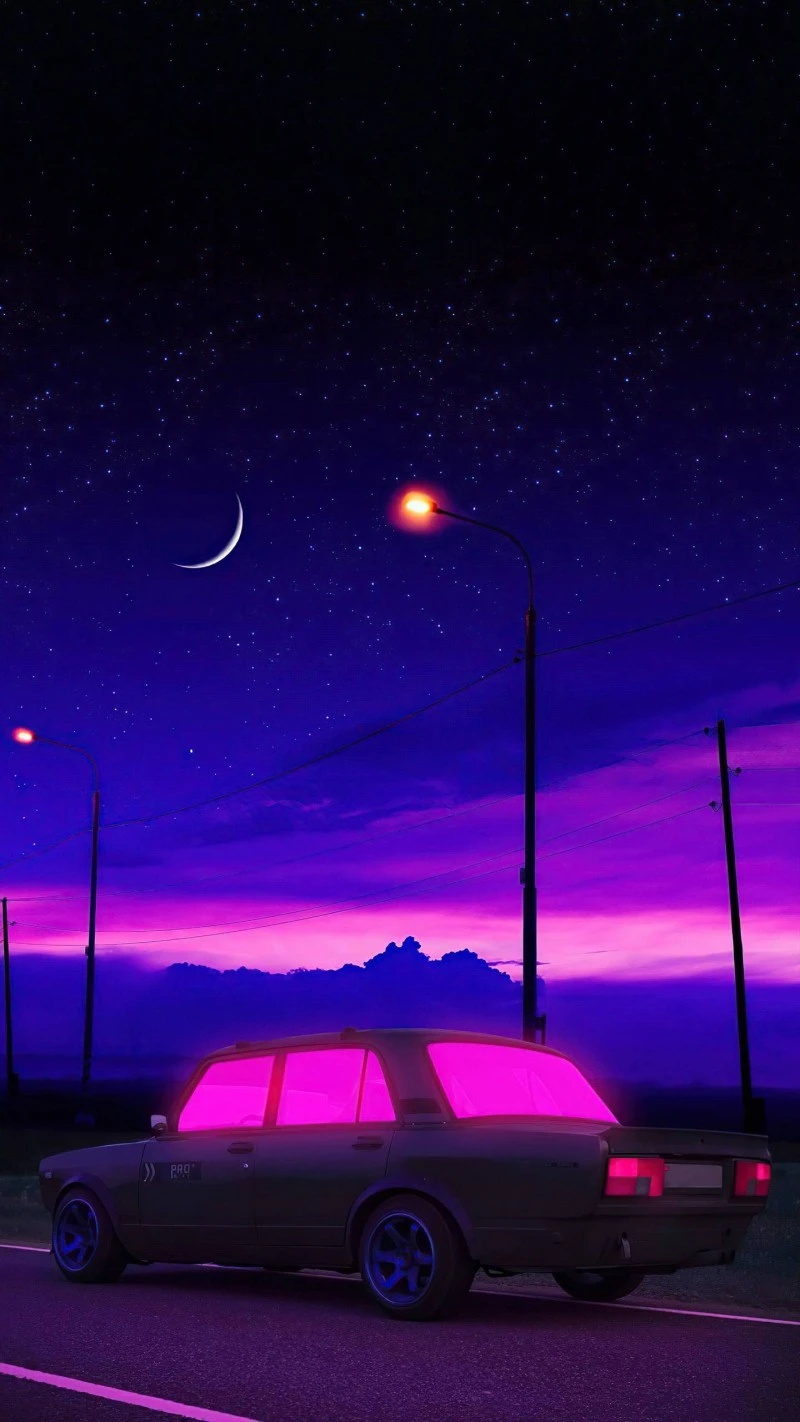 Retro Lada on Night Road 4K Mobile Wallpaper