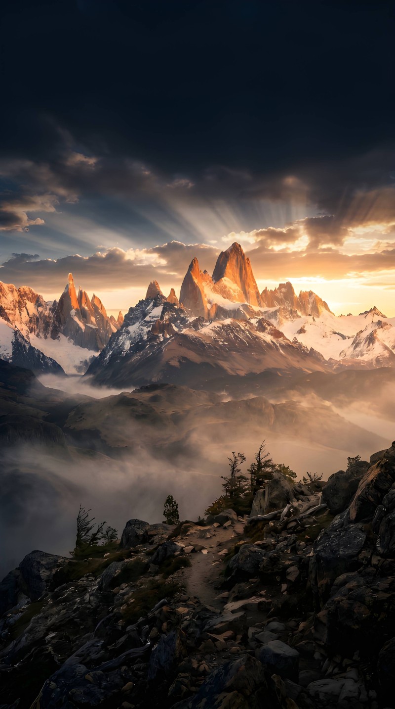 Dark Moody Mountains Golden Hour Snowy Peaks Wallpaper for iPhone 4K Scene Wallpaper
